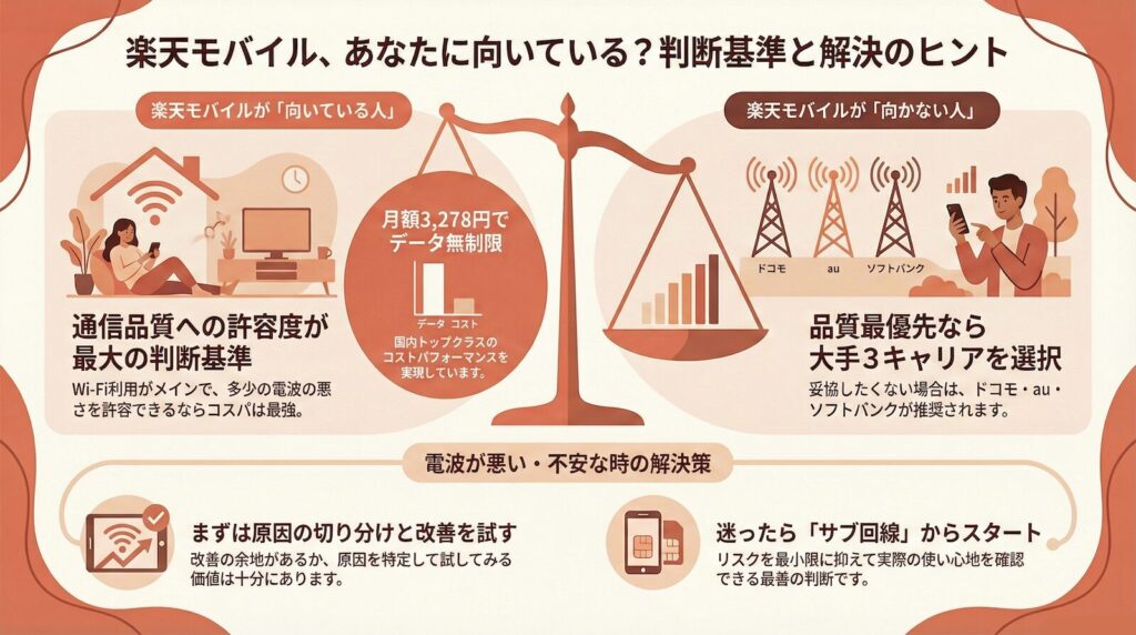 楽天モバイルが向いているかどうかは「通信品質をどこまで許容できるか」で決まる
