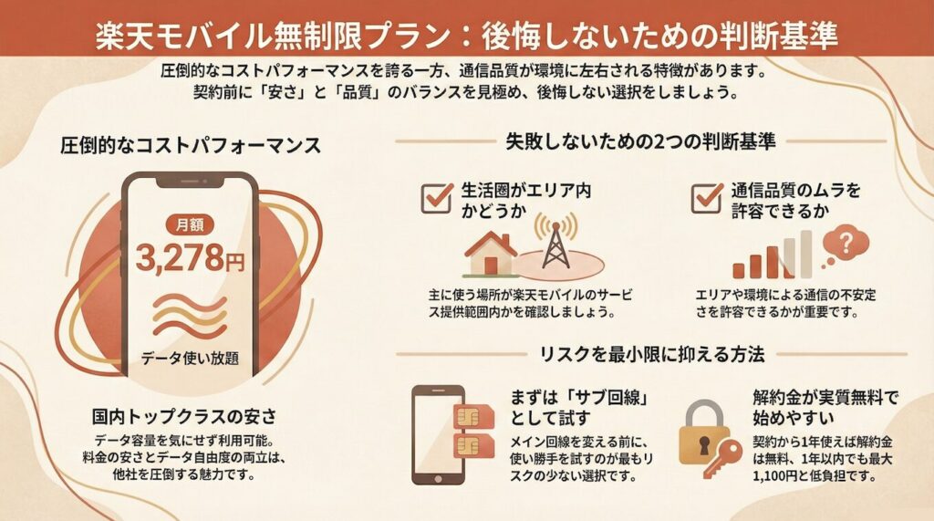 まとめ｜楽天モバイル無制限は「通信品質をどこまで許容できるか」で決まる